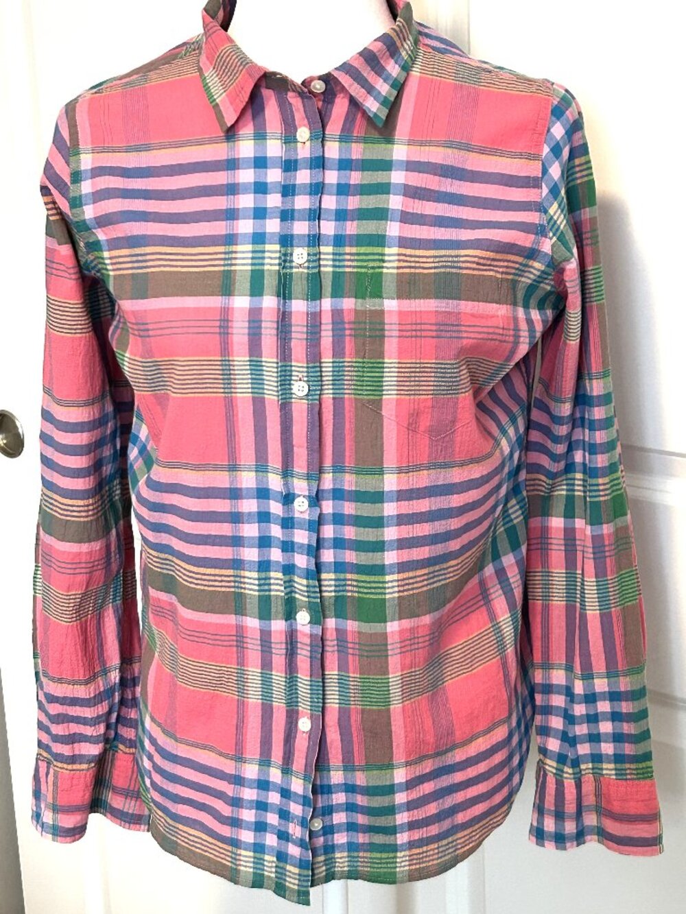J Crew Classic pink plaid long sleeve shirt, size 10